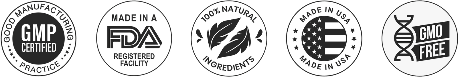 GMP certified, FDA registered facility, 100% natural ingredients, made in USA, GMO free
